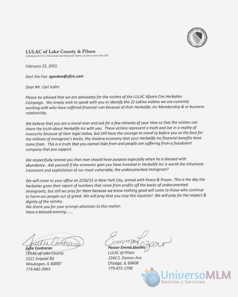 Carta de LULAC a Icahn