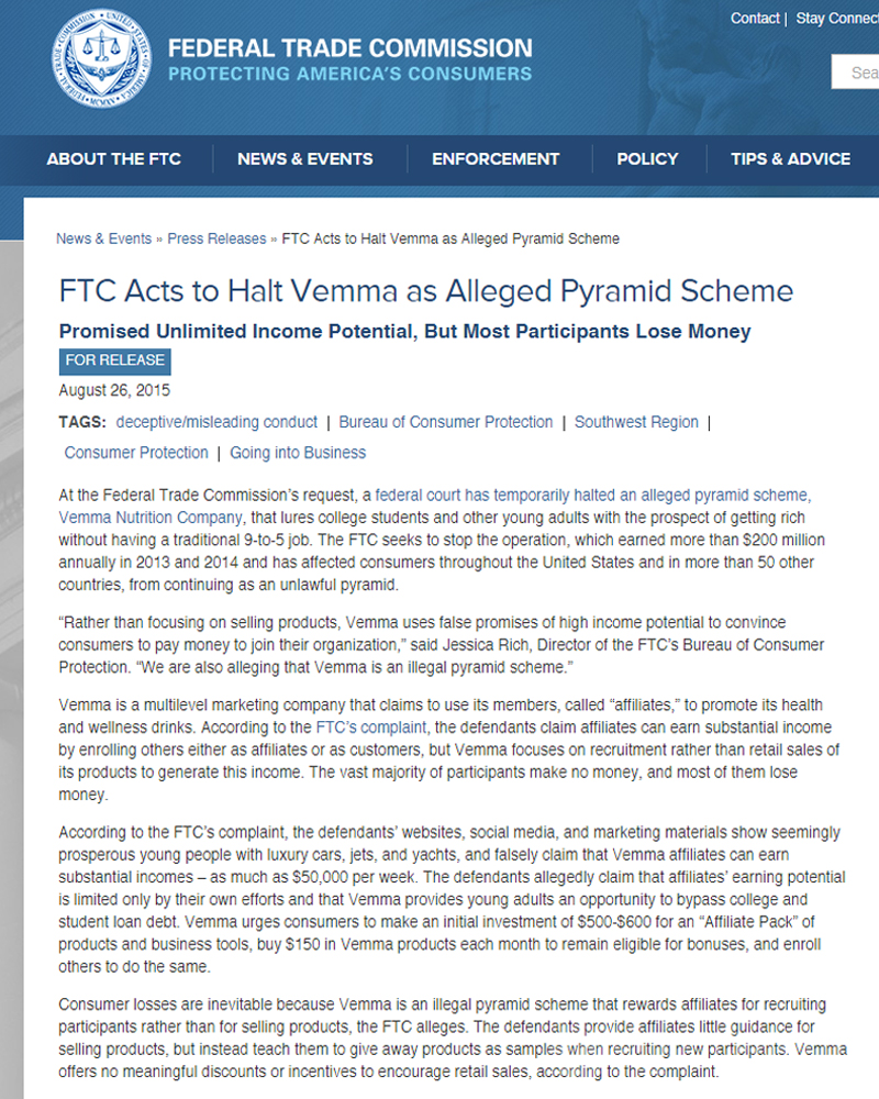 Documento oficial de la FTC con la acusación a Vemma