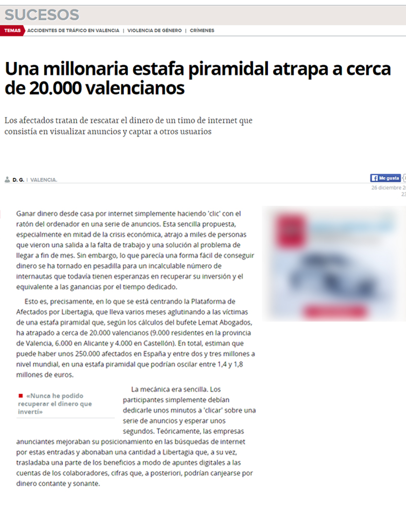 Artículo publicado en la prensa española sobre el presunto fraude de LibertaGia