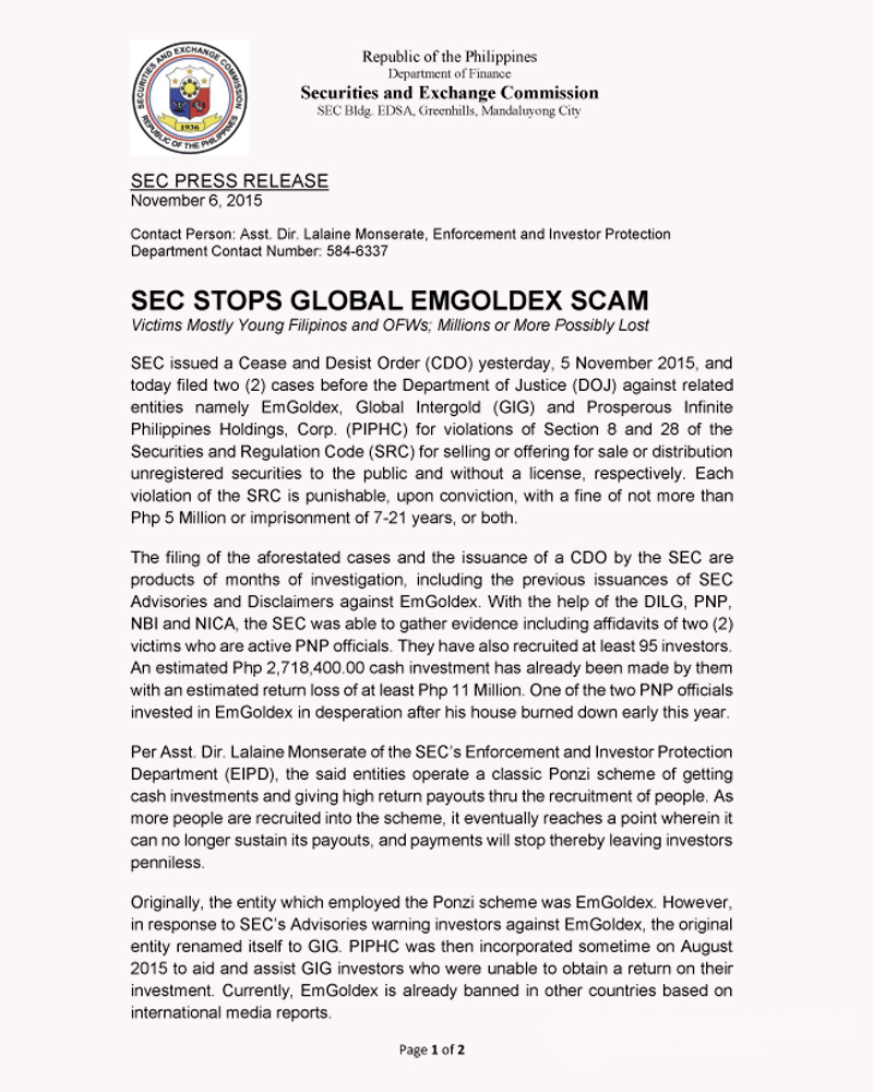 Comunicado de la SEC sobre Emgoldex y Global Intergold